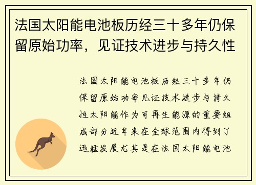 法国太阳能电池板历经三十多年仍保留原始功率，见证技术进步与持久性