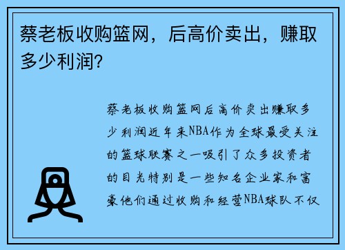 蔡老板收购篮网，后高价卖出，赚取多少利润？