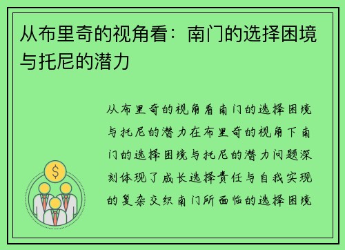 从布里奇的视角看：南门的选择困境与托尼的潜力