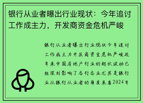 银行从业者曝出行业现状：今年追讨工作成主力，开发商资金危机严峻